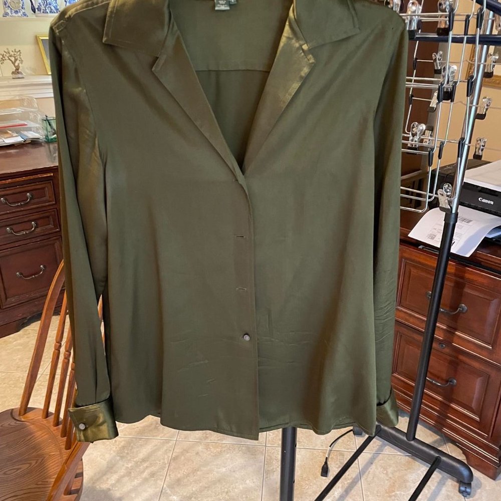 Olive Green Ralph Lauren 100% silk blouse, Size Small